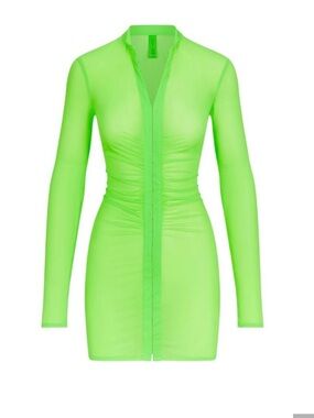 SKIMS Neon Green Mesh Long Sleeve Ruched Dress Size S
